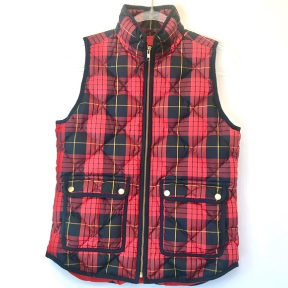 J. Crew XS Red Navy Tartan Plaid Quilted Vest perfect for Fall and Winter! - Picture 1 of 6
